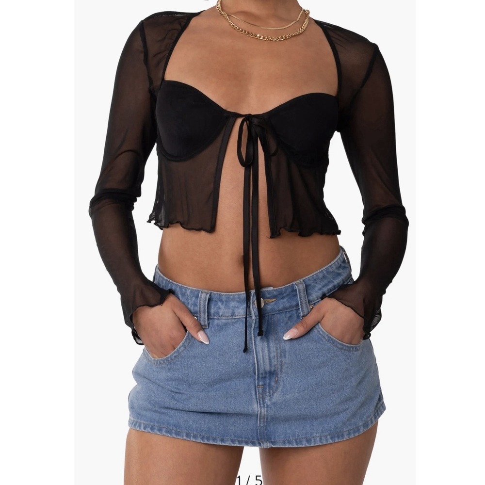 Y2K Edikted Mesh Crop Top Tie Front Halter Bra Top Black Size Medium NWT
